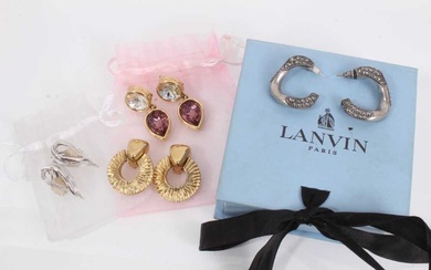 Two pairs of 1980s Givenchy gilt metal clip on earrings, pair of Sarah Coventry clip on earrings and pair of Lanvin gem set half hoop earrings in box