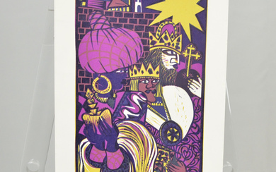 UNKNOWN ARTIST, “QUEEN AND KINGS”, LINOLEUM PRINT, SIGNED BY HAND, 20TH CENTURY.