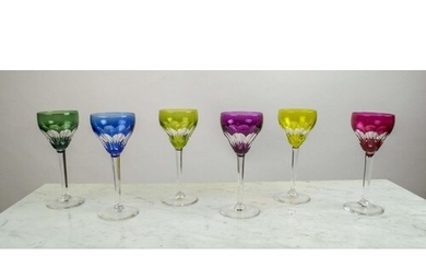 VAL ST LAMBERT HOCK GLASSES, a set of six, multi coloured cu...