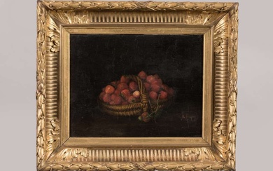 VERSEPUY Ernest (1855 - 1898) Nature morte au panier de fraises, Huile sur panneau 31...