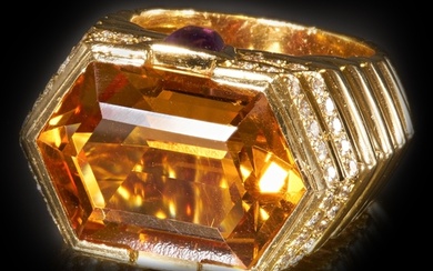 VINTAGE CITRINE, AMETHYST AND DIAMOND RING, French, 18 ct. g...