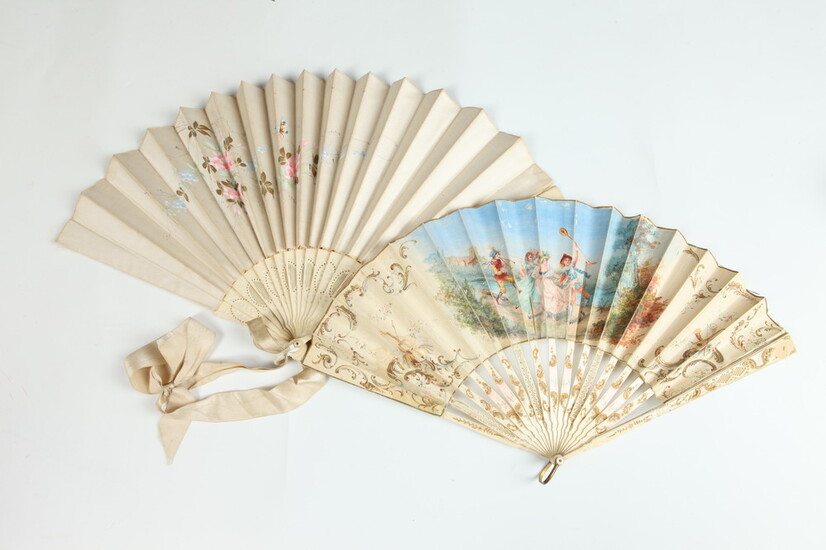 VINTAGE FANS : ONE ANTIQUE PAINTED FAN WITH BUCOLIC SCENE;...