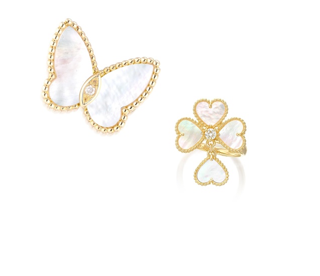 Van Cleef & Arpels, Mother-of Pearl and Diamond Brooch and Ring, 'Butterfly' and 'Sweet Alhambra Effeuillage'