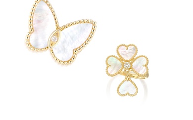 Van Cleef & Arpels, Mother-of Pearl and Diamond Brooch and Ring, 'Butterfly' and 'Sweet Alhambra Effeuillage'