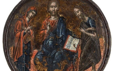 Veneto-Cretan School (possibly), 16th century- Christ with two saints; oil with some remaining touches of gold ground on panel, tondo, in an integral frame, diameter 11.5 cm. Provenance: Private Collection, UK.