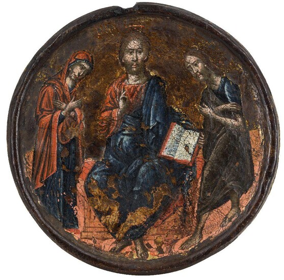 Veneto-Cretan School (possibly), 16th century- Christ with two saints; oil with some remaining touches of gold ground on panel, tondo, in an integral frame, diameter 11.5 cm. Provenance: Private Collection, UK.