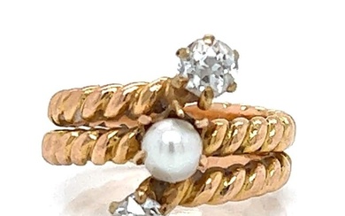 Victorian 18K Yellow Gold Natural Pearl & Diamond Ring