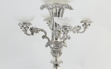Victorian electroplated table centre, the central trumpet vase with...