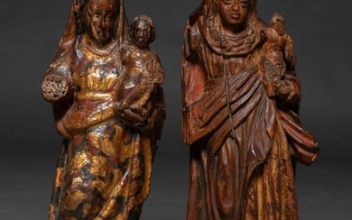 "Vierge à l'enfant ! Ensemble de deux sculptures en bois sculpté avec traces de polychromie...