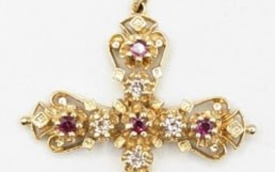 Vintage 14K Yellow Gold Diamond & Ruby Cross