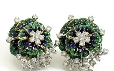 Vintage 1950's Blue Green Enamel Diamond Flower Earrings 18K Yellow Gold 28.40 G