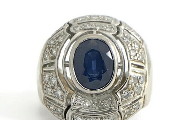 Vintage 1960s Oval Sapphire Diamond Large Statement Ring 14K White Gold 12.20 Gr