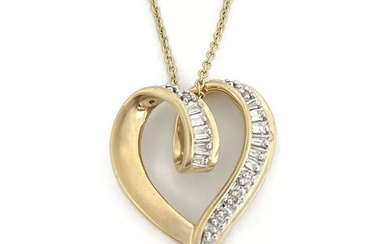 Vintage Baguette Half Diamond Heart Pendant Necklace 14K Yellow Gold, 6.20 Grams
