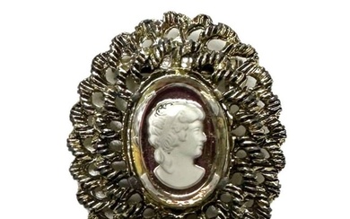 Vintage Bronze Toned Cameo Brooch Depicting A Silhouette Of A Victorian Beauty