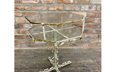 Vintage French wrought iron garden table with inset glass oc...