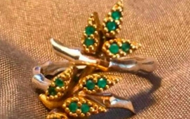 Vintage Sterling Silver & Emerald Bamboo Leaves Ring