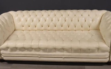 Vintage White Leather Chesterfield Sofa.