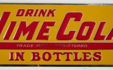 Vintage tin Advertising Sign for "Drink Lime Cola In Bottles" in raised letters, manufactured by