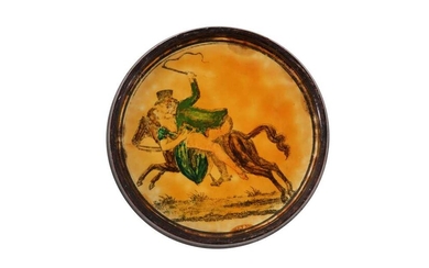 WOODEN CIRCULAR SNUFF BOX WITH PAINTED LID