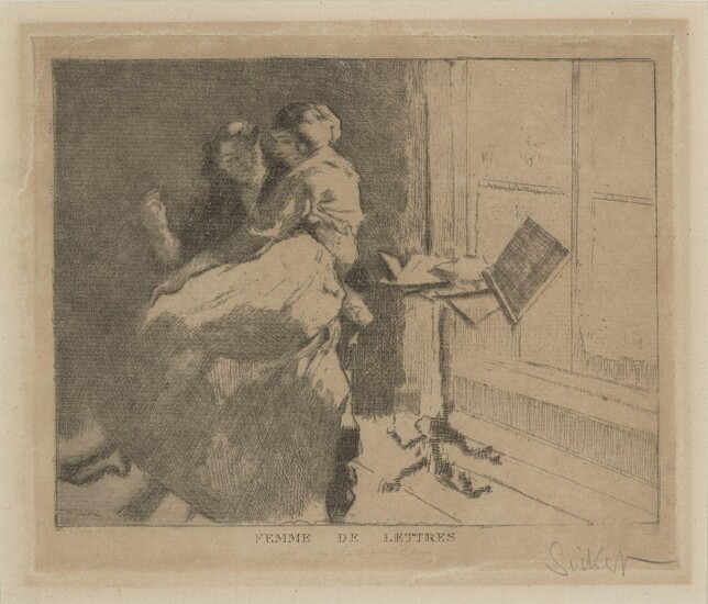 Walter Sickert RA RBA, British 1860-1942- Femme de Lettres, 1915; etching on laid, signed in pencil, plate 17.7 x 15cm (framed) Provenance: purchased by the present owner from The Fine Art Society, 2016.