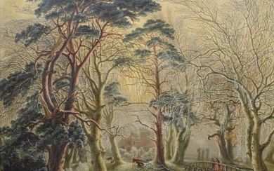 William R. Stone (British 1842-1913) Winter woodland scene with figures on a frozen pond