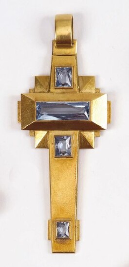 Yellow gold cross decorated with four aquamarines.