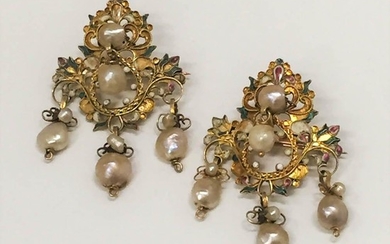 Pair of 14kt Gold, Enamel, and Baroque Pearl Brooches