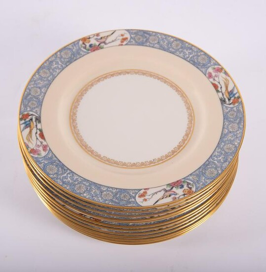 12 Lenox Dinner Plates, Ming-Bird Style Border