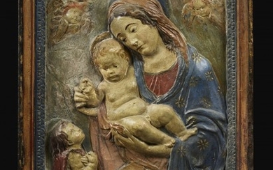 ITALIE, SUIVEUR DE BENEDETTO DA MAIANO (1442-1497) Vierge à l'Enfant accompagnée de Saint-Jean Baptiste enfant
