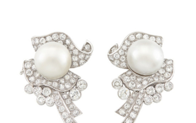 Pair of Platinum, South Sea Cultured Pearl and Diamond Earclips