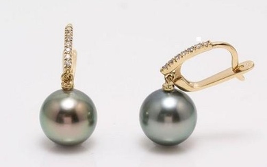 14 kt. Yellow Gold - 10x11mm Round Tahitian Pearls - Earrings - 0.11 ct