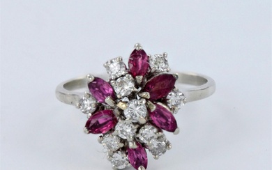 14K White Gold with Ruby and Diamond Cluster Ring