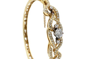 14K Yellow Gold Bangle Bracelet with Cluster Diamonds and an Approximately 1.5 Carat Center Stone