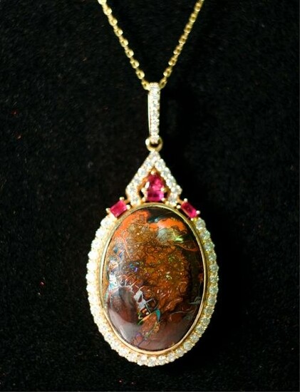 14k YG 26.75ct Opal, Diamond & Ruby Pendant
