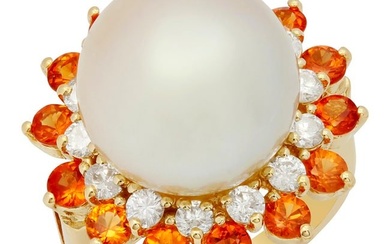 14k Yellow Gold 14mm Pearl 1.74ct Sapphire 0.72ct Diamond Ring
