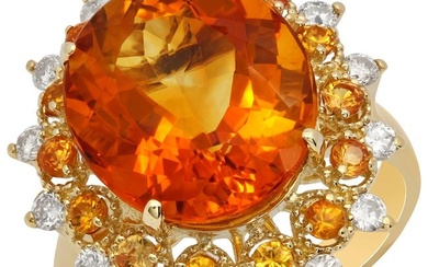 14k Yellow Gold 7.11ct Citrine 0.58ct Orange Sapphire 0.47ct Diamond Ring