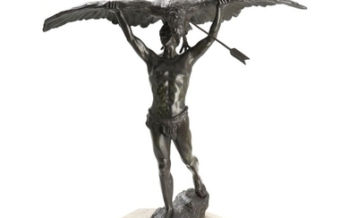 Ludwig Gräfner: Herkules with the eagle of Prometheus. Signed. A patinated metal sculpture. H. including base 58 cm.