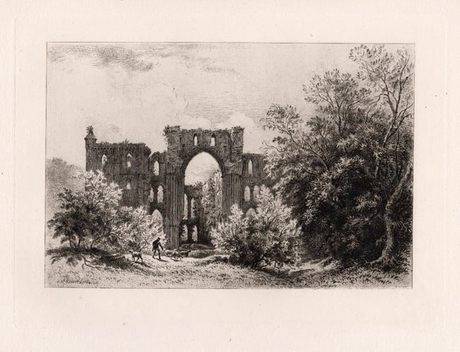 1882 Alfred Louis Brunet Debaines Rievaulx Abbey etching signed