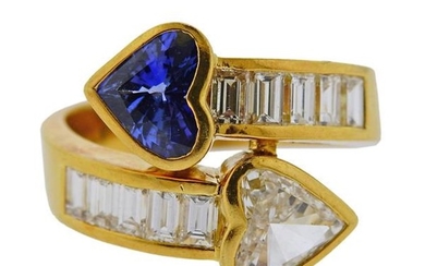 18K Gold Diamond Sapphire Bypass Heart Ring