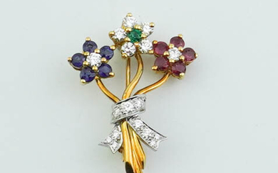 18K YELLOW GOLD, PLATINUM, DIAMOND, SAPPHIRE AND RUBY FLORAL BOUQUET...