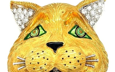 18K Yellow Gold Diamond Cat Brooch