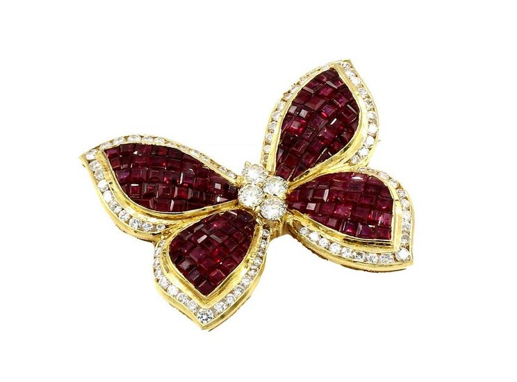 18K Yellow Gold Ruby and Diamond Butterfly Brooch