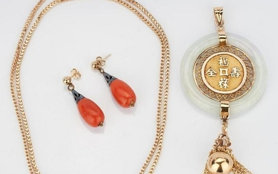 18K jade pendant & chain with 14K coral earrings