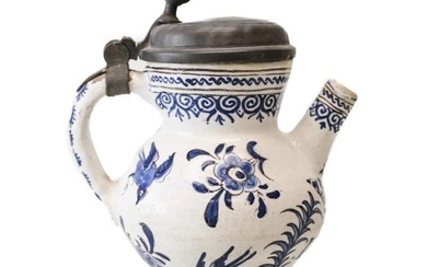 18th century Pewter-mounted Dutch Faience spouted jug, painted blue and white