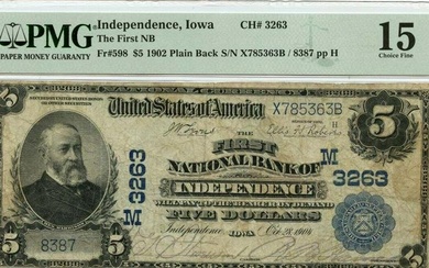 1902 $5 First National Bank Independence Iowa CH#3263 PMG F15