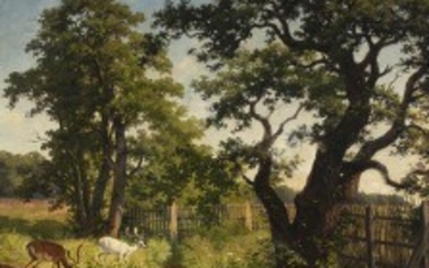 1918/120 - Axel Schovelin: Summer landscape with deer by a stream. Signed Axel Schovelin. Oil on canvas. 82 x 76.5 cm.