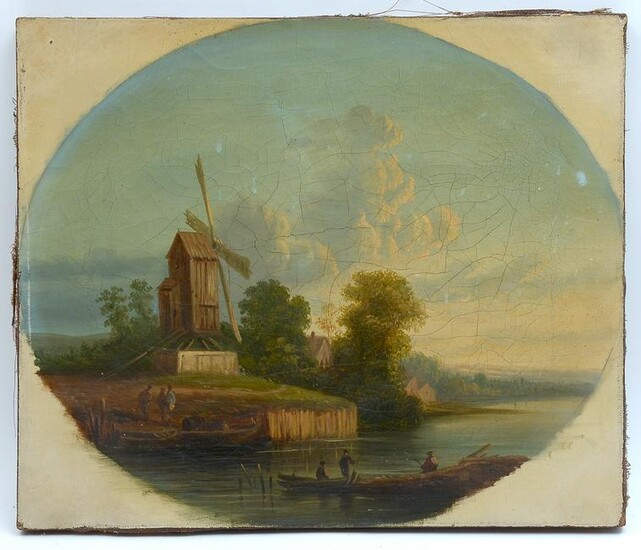 19TH CENTURY DUTCH RIVER PAINTING WITH WINDMILL