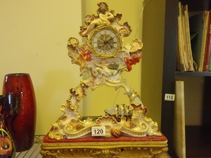 19c Majolica French Clock, with a Nautilus theme on raised g...