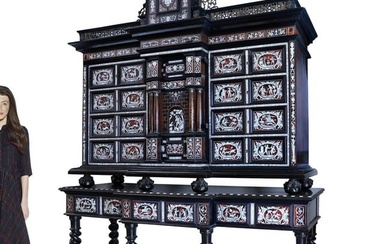 19th C. Spanish Tortoiseshell & Bone Inlaid, Ebonized Walnut Marquetry Cabinet On Stand