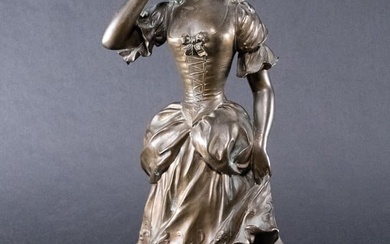 19th c. Sylvain Kinsburger ( French 1855-1935) Bronze Sculpture "Girl With Rose"
